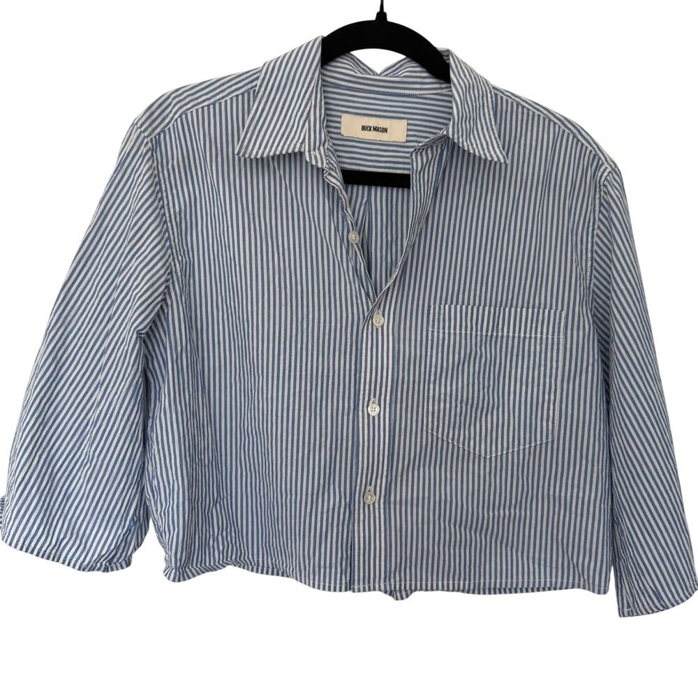 Buck Mason (XS) Blue White Stripe Cropped Button Up Shirt 3/4 Sleeve Coastal